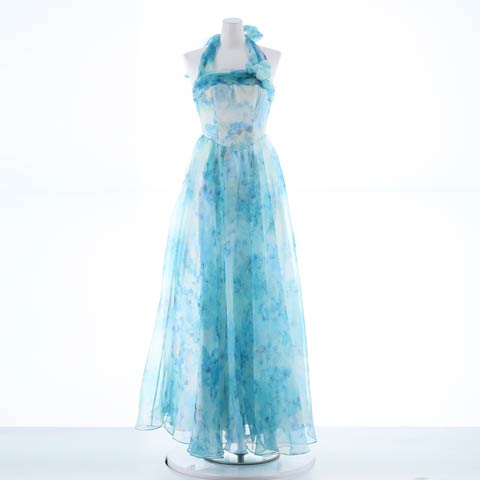 [Be will]パステル水彩フラワーホルターネックAラインロングドレス[D5119](ブルー-Sサイズ)