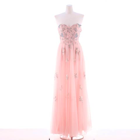 [Be will]シフォンフラワー刺繍ベアトップAラインロングドレス[D5156](ピンク-Sサイズ)