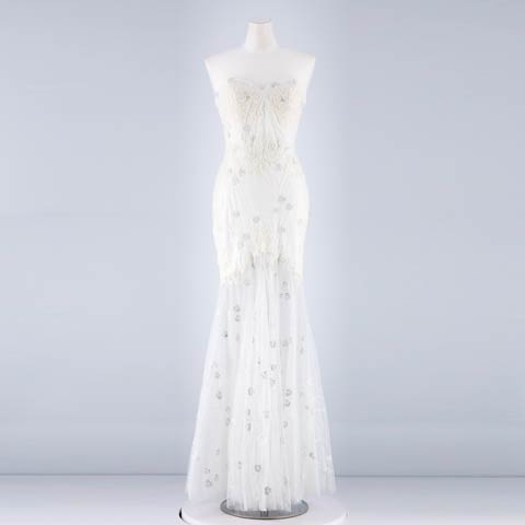 [Be will]ビジューフラワー刺繍シアーマーメイドロングドレス[D5162](ホワイト-Sサイズ)