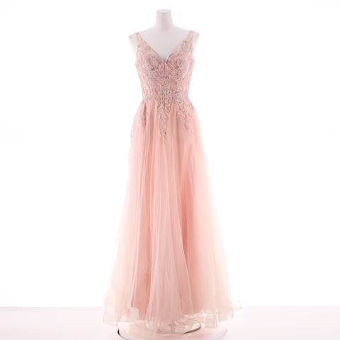 [Be will]ビジューフラワー刺繍チュールAラインロングドレス[D5169](ピンク-Sサイズ)