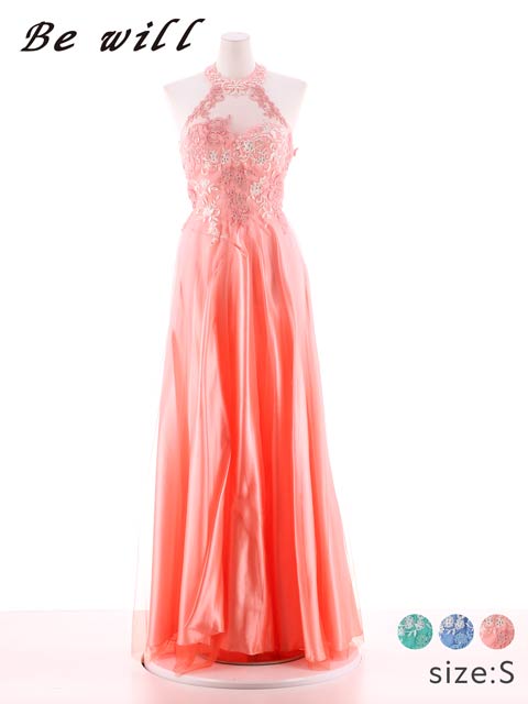 [Be will]サテンビジューホルターネックAラインロングキャバドレス[D5173]