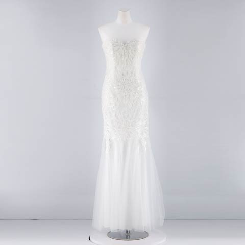 [Be will]リーフ刺繍チュールベアトップタイトロングドレス[D5176](ホワイト-Sサイズ)