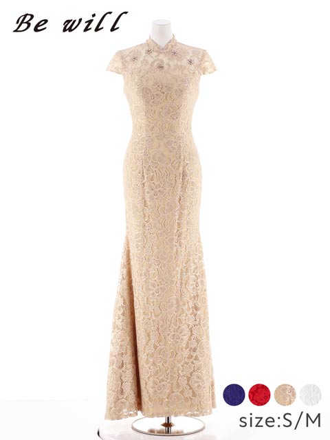 [Be will]オールフラワーレースアオザイ風タイトロングキャバドレス[D5180]