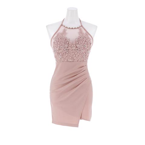 9/29新作!シアーフラワー刺繍ビジューホルターネックタイトミニドレス[SML/3サイズ展開]*(ピンクベージュ-Sサイズ)