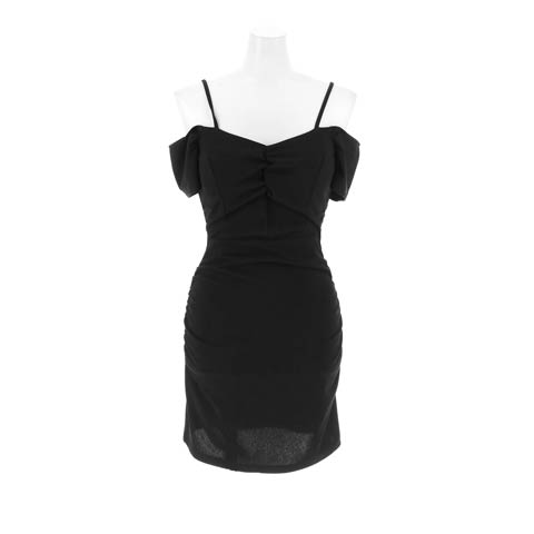 9/29新作!ワンカラーサイドギャザーオフショルタイトミニドレス[SML/3サイズ展開](ブラック-Sサイズ)