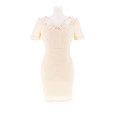 10/1新作!【デコルテが綺麗に見える】Vネックビジューチュールライン半袖タイトミニ丈キャバドレス[SML/3サイズ展開]*(アイボリー-Sサイズ)