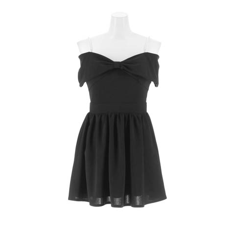 10/8新作!リボンオフショルパールビジューキャミソールAラインミニ丈キャバドレス[SML/3サイズ展開](ブラック-Sサイズ)