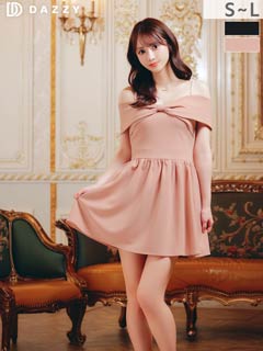 10/8新作!リボンオフショルパールビジューキャミソールAラインミニ丈キャバドレス[SML/3サイズ展開]