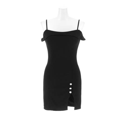 10/1新作!スリットパールビジューオフショルタイトミニ丈キャバドレス[SML/3サイズ展開][伊藤桃々着用](ブラック-Sサイズ)