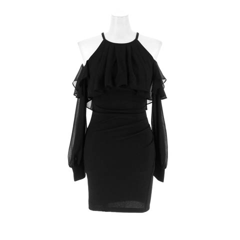 10/27新作!色っぽ肩ライン魅せボリュームフリル長袖タイトミニ丈キャバドレス[SML/3サイズ展開](ブラック-Sサイズ)