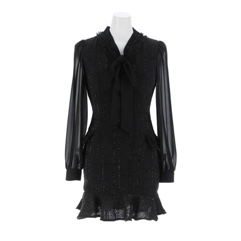 11/7新作!輝くラメツイードに胸元リボン×シフォン長袖で華奢見せ叶うマーメイド型キャバドレス(ブラック-Sサイズ)