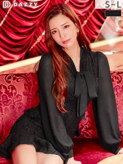 11/7新作!輝くラメツイードに胸元リボン×シフォン長袖で華奢見せ叶うマーメイド型キャバドレス