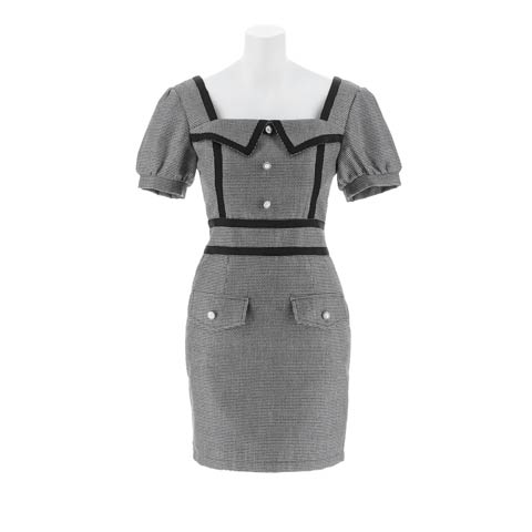 11/25新作!美デコルテ魅せスクエアネック×冬チェック柄パフスリーブミニ丈キャバドレス[SML/3サイズ展開](ブラック-Sサイズ)