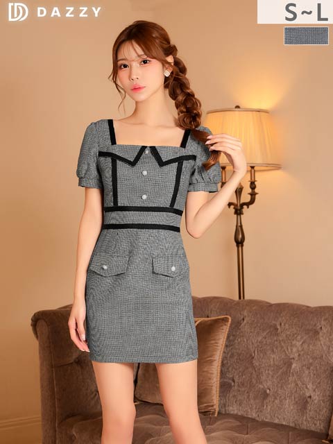 11/25新作!美デコルテ魅せスクエアネック×冬チェック柄パフスリーブミニ丈キャバドレス[SML/3サイズ展開]