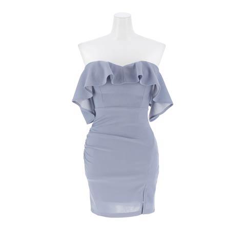 12/3新作!SEXYギャザーフリルオフショルタイトミニ丈キャバドレス[SML/3サイズ展開](ブルーグレー-Sサイズ)