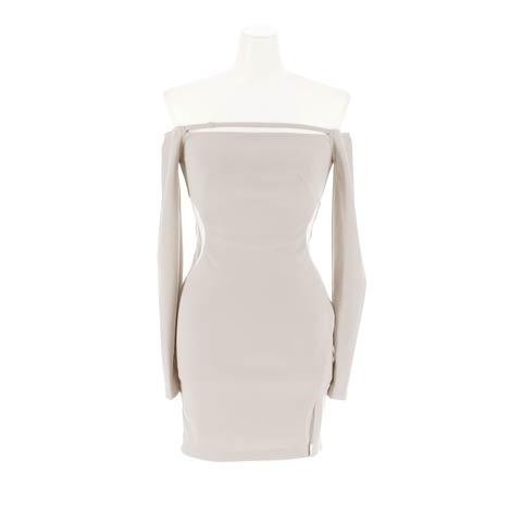 12/10新作![伊藤桃々着用]美くびれ魅せウエストシアー×SEXYオフショル長袖タイトミニ丈キャバドレス[SML/3サイズ展開](グレー-Sサイズ)