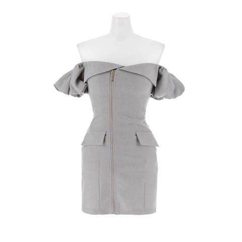 1/9新作!美デコルテ爆誕！パフスリーブオフショルフロントジップミニ丈キャバドレス[SML/3サイズ展開](グレー-Sサイズ)