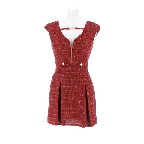 12/22新作![伊藤桃々着用]大人の輝き放つ胸元ジップ×スパンコールツイード華奢魅せAラインミニ丈キャバドレス(レッド-Sサイズ)