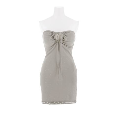 2/6新作!リボンで寄せて谷間を盛るギャザー×裾レースのタイトミニ丈キャバドレス[SML/3サイズ展開](グレー-Sサイズ)