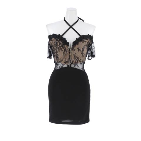 10/15新作!ヌーディレースファスナークロスオフショルタイトミニ丈キャバドレス[SML/3サイズ展開]*(ブラック-Sサイズ)