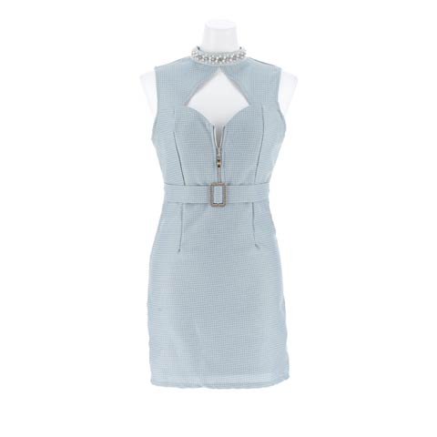 9/22新作!ハイネックビジューホールファスナーノースリーブタイトミニ丈キャバドレス[SML/3サイズ展開]*(ブルーグレー-Sサイズ)