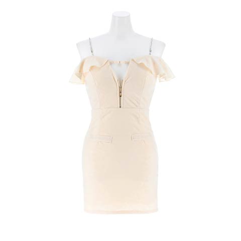 10/10新作!フロントジップビジューフリルオフショルタイトミニ丈キャバドレス(アイボリー-Sサイズ)