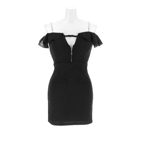 10/10新作!フロントジップビジューフリルオフショルタイトミニ丈キャバドレス(ブラック-Sサイズ)