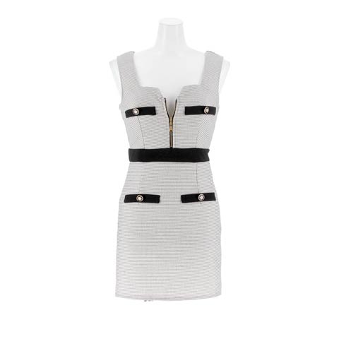 10/17新作!最旬ツイードフロントジップバイカラーラインノースリーブタイトミニ丈キャバドレス[SML/3サイズ展開](ブラックXチェック-Sサイズ)