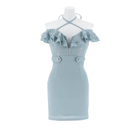 9/22新作!ファスナークロスネックフリルオフショルタイトミニ丈キャバドレス[SML/3サイズ展開](ブルーグレー-Sサイズ)