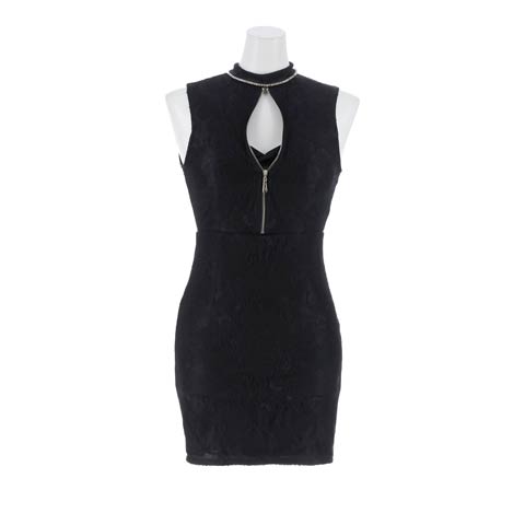 9/26新作!ネックビジューノースリーブジップレースタイトミニ丈キャバドレス[SML/3サイズ展開]*(ブラック-Sサイズ)