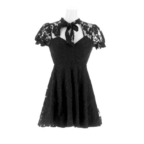 10/20新作!透け魅せシアーローズ刺繍リボンパフスリーブAラインミニ丈キャバドレス[SML/3サイズ展開](ブラック-Sサイズ)