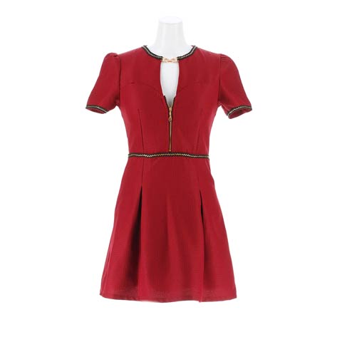 9/22新作!フロントジップ刺繍ビジューホール半袖Aラインミニ丈キャバドレス[SML/3サイズ展開](ワインレッド-Sサイズ)