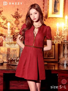 9/22新作!フロントジップ刺繍ビジューホール半袖Aラインミニ丈キャバドレス[SML/3サイズ展開]