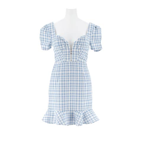 9/5新作!フロントジップツイードギンガムチェック半袖マーメイドミニ丈キャバドレス[SML/3サイズ展開](ブルー-Sサイズ)