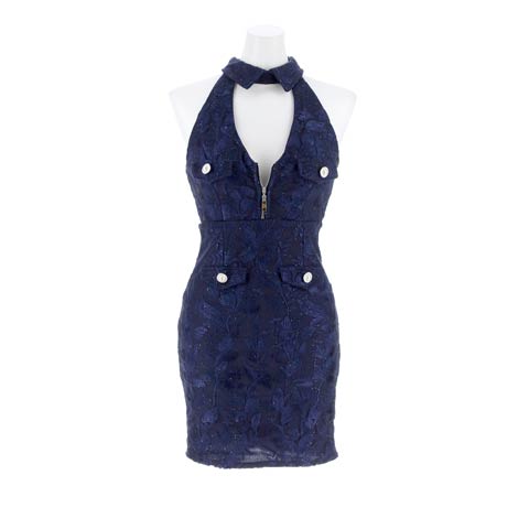 9/10新作!フロントジップラメフラワー刺繍アメスリタイトミニ丈キャバドレス[SML/3サイズ展開](ネイビー-Sサイズ)