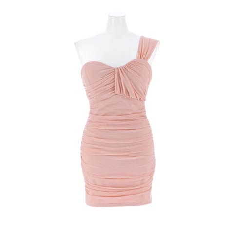 11/10新作!ふわっと谷間盛れるギャザーピンクワンショルキャバドレス[SML/3サイズ展開](ダスティピンク-Sサイズ)