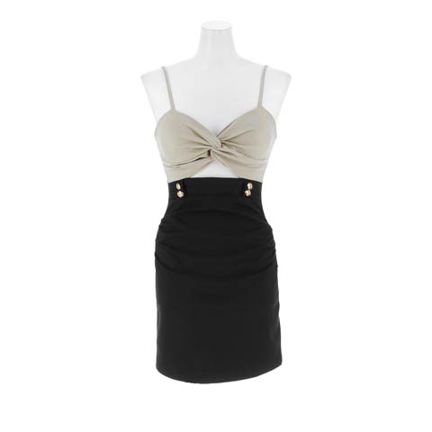 10/29新作![伊藤桃々着用]胸元に視線集まるツイストキャミソールタイトミニ丈キャバドレス[SML/3サイズ展開](ブラックXベージュ-Sサイズ)