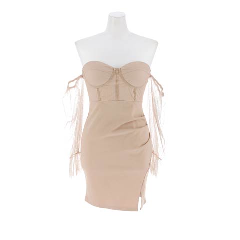 11/28新作!SEXYオフショル×CUTE透け魅せドットチュール袖で二の腕カバータイトミニ丈キャバドレス*(モカ-Sサイズ)