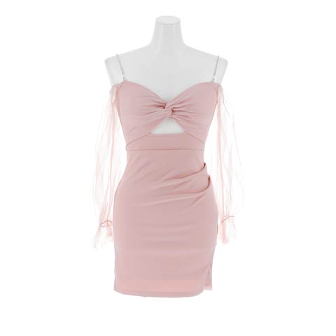 10/31新作!ツイストカットで美谷間強調！透け感長袖ミニ丈キャバドレス[SML/3サイズ展開](ピンク-Sサイズ)