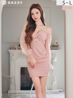 10/31新作!ツイストカットで美谷間強調！透け感長袖ミニ丈キャバドレス[SML/3サイズ展開]