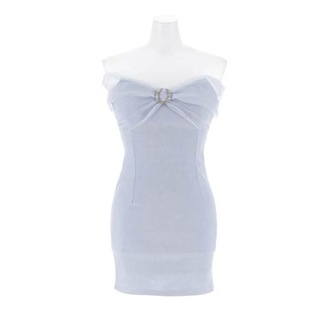 10/10新作!【胸元ジップ】チュール袖と胸元ビジューで高級感UPミニ丈キャバドレス(ブルーグレー-Sサイズ)