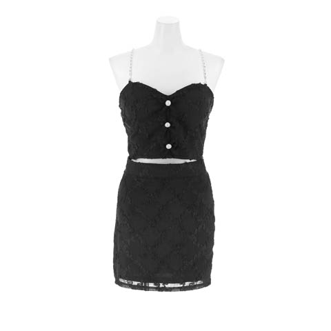 10/8新作!フリル格子フロントリボンキャミソールタイトミニ丈セットアップキャバドレス[SML/3サイズ展開](ブラック-Sサイズ)