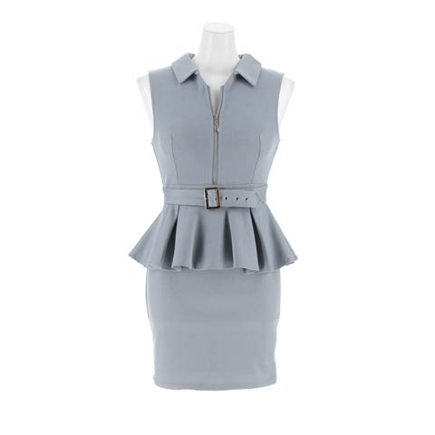 10/31新作!ペプラムで美くびれ爆誕えち谷間ジップミニ丈キャバドレス[SML/3サイズ展開](ブルーグレー-Sサイズ)