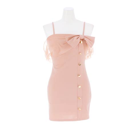 11/7新作!チュールの女神袖オフショルにリボンがあざとく魅せるタイトミニ丈キャバドレス[SML/3サイズ展開](ピンクベージュ-Sサイズ)