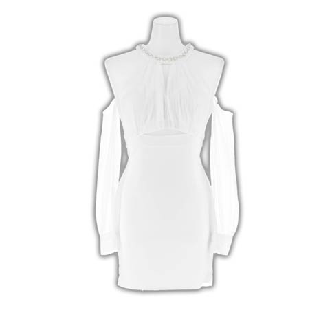 10/27新作!カットアウトでウエスト細見せシアーアメスリチュール袖タイトミニ丈キャバドレス[SML/3サイズ展開](ホワイト-Sサイズ)