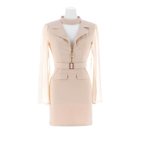 10/22新作!!大人っぽ谷間魅せテーラードカットスリーブタイトミニ丈キャバドレス[SML/3サイズ展開](ベージュ-Sサイズ)