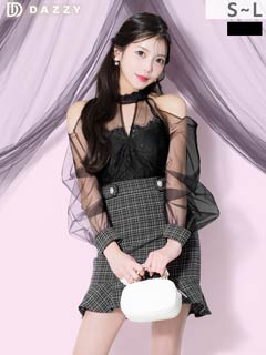 10/13新作!シアーレースオープンショルダー長袖チェック柄マーメイドミニ丈キャバドレス[SML/3サイズ展開]