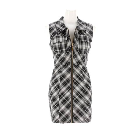 10/24新作![明日花キララ×全ジップ]襟付きノースリーブチェック柄タイトミニ丈キャバドレス[SML/3サイズ展開](ブラック×ホワイト-Sサイズ)