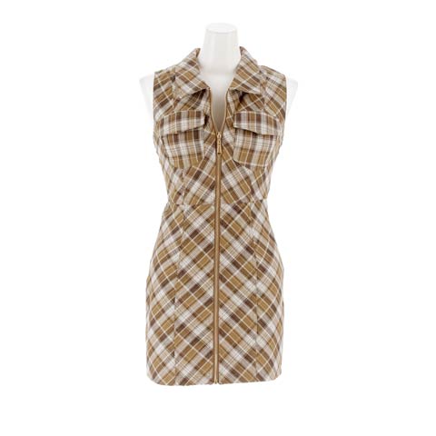 10/24新作![明日花キララ×全ジップ]襟付きノースリーブチェック柄タイトミニ丈キャバドレス[SML/3サイズ展開](ブラウン×ホワイト-Sサイズ)