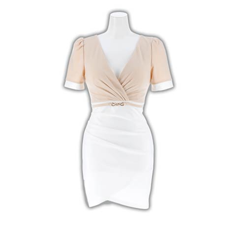 11/7新作!着た瞬間SEXYに魅せるカシュクールVネックにベルトで脚長効果◎な半袖ミニ丈キャバドレス[SML/3サイズ展開](ホワイト×ベージュ-Sサイズ)